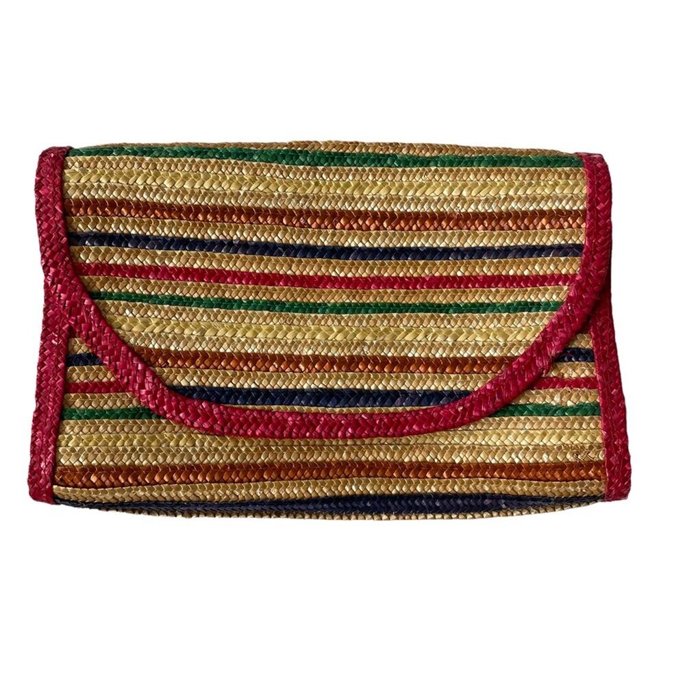 Vintage 1980s Rattan Envelope Clutch Large Rainbow Stripe Made in Hong Kong GUC